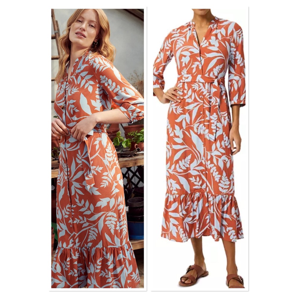 Hobbs London Magda Orange Blue Leaf Midi Shirt Dress Ruffle Hem Botanical Boho 8